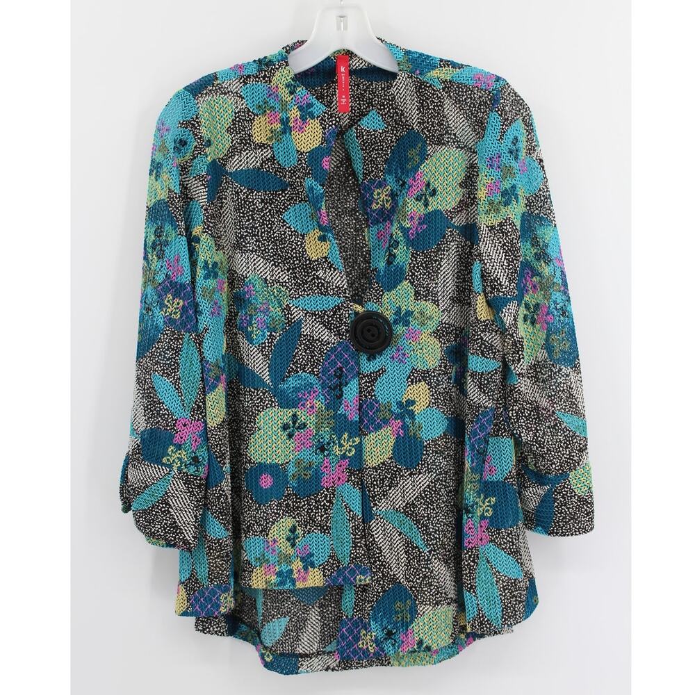 IC By Connie K Asymmetrical Hem Blue Floral Mesh Weave Button Jacket Cardigan M